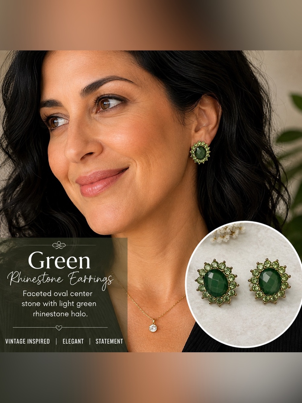 Green Faceted Rhinestone Floral Halo Gold Tone Stud Earrings fashion jewelry